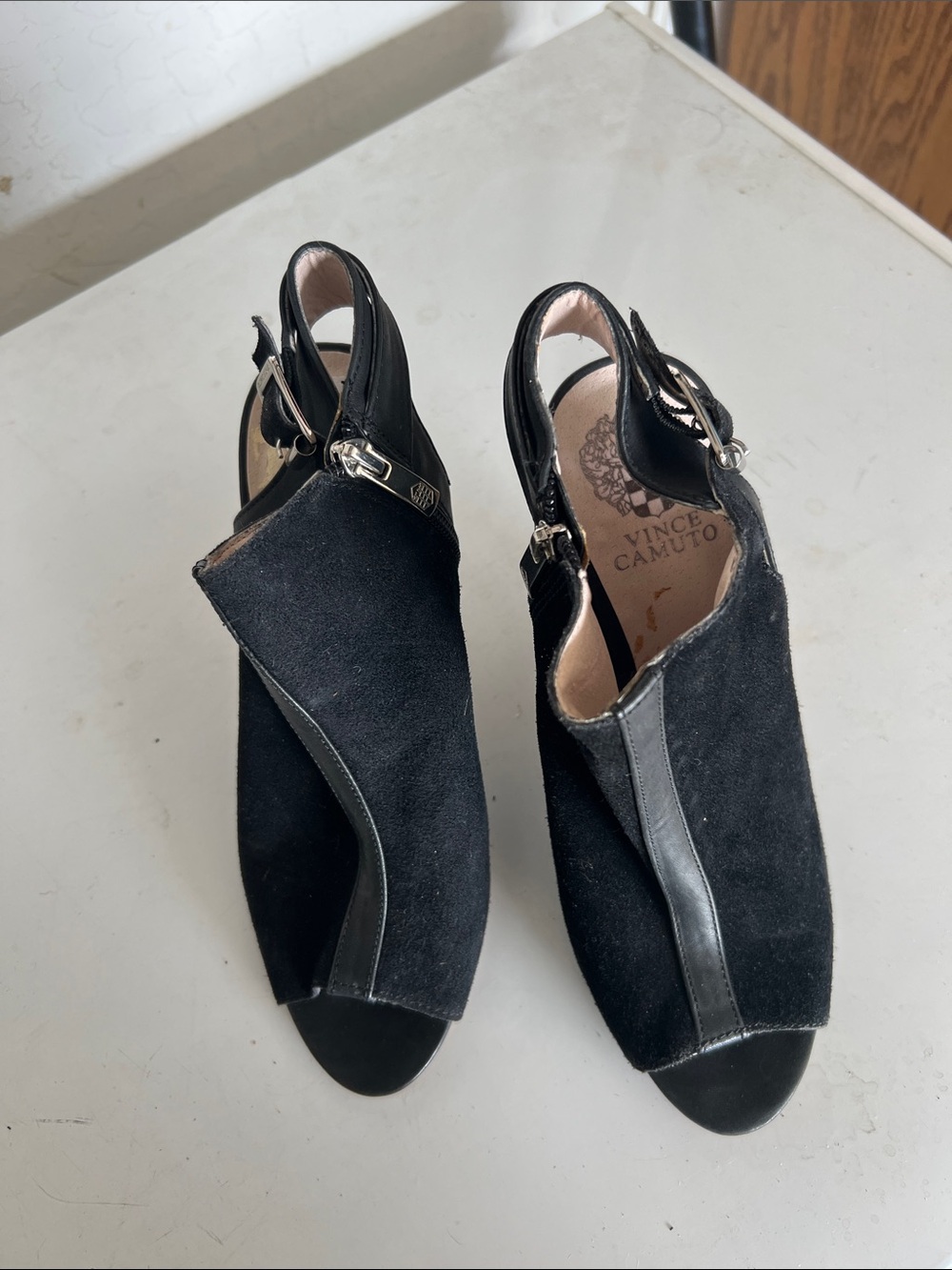 Vince Camuto Black Suede Open-Toe Slingback Heels